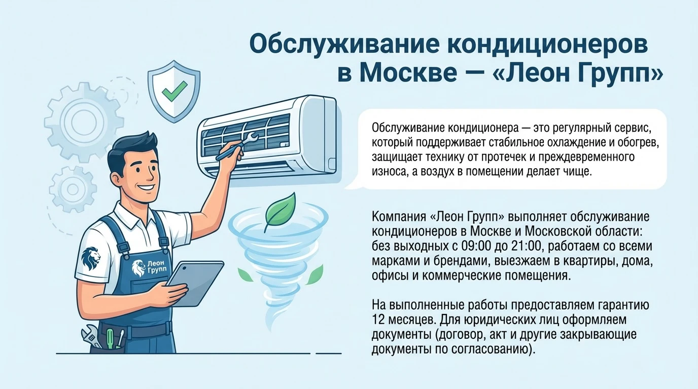 Иллюстрация: обслуживание кондиционеров в Москве от Леон Групп Иллюстрация: обслуживание кондиционеров в Москве от Леон Групп
